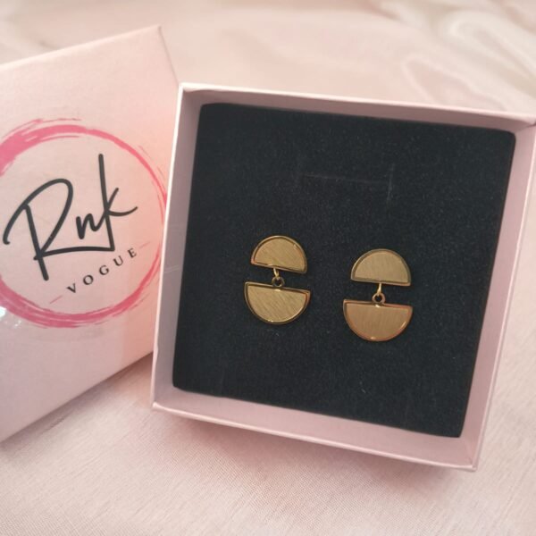 Gold matte semi-circle drop earrings in RNK Vogue gift box