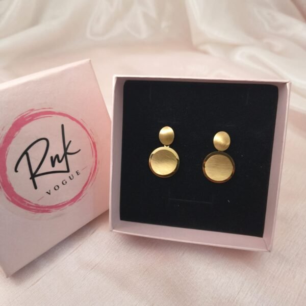 Gold matte double circle drop earrings in RNK Vogue gift box